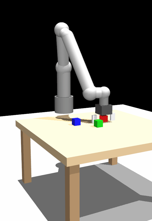 MuJoCo simulation: Franka Panda arm performing pick-and-place with colored blocks